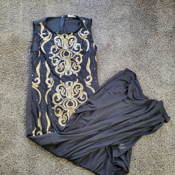 LA REYNA Sequined Black & Gold Dress Mesh Long Large - Picture 1 of 9